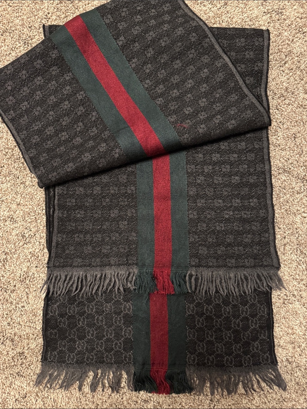 Gucci GG Monogram Web Stripe Wool Silk Fringe Scarf – Charcoal Grey